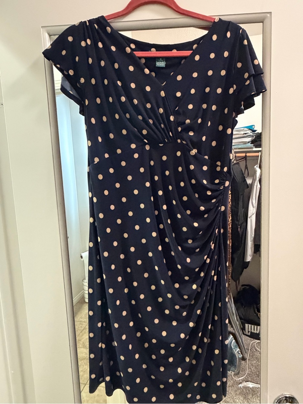 Ralph Lauren Navy Dress with Cream Polka Dots, Ruched Side